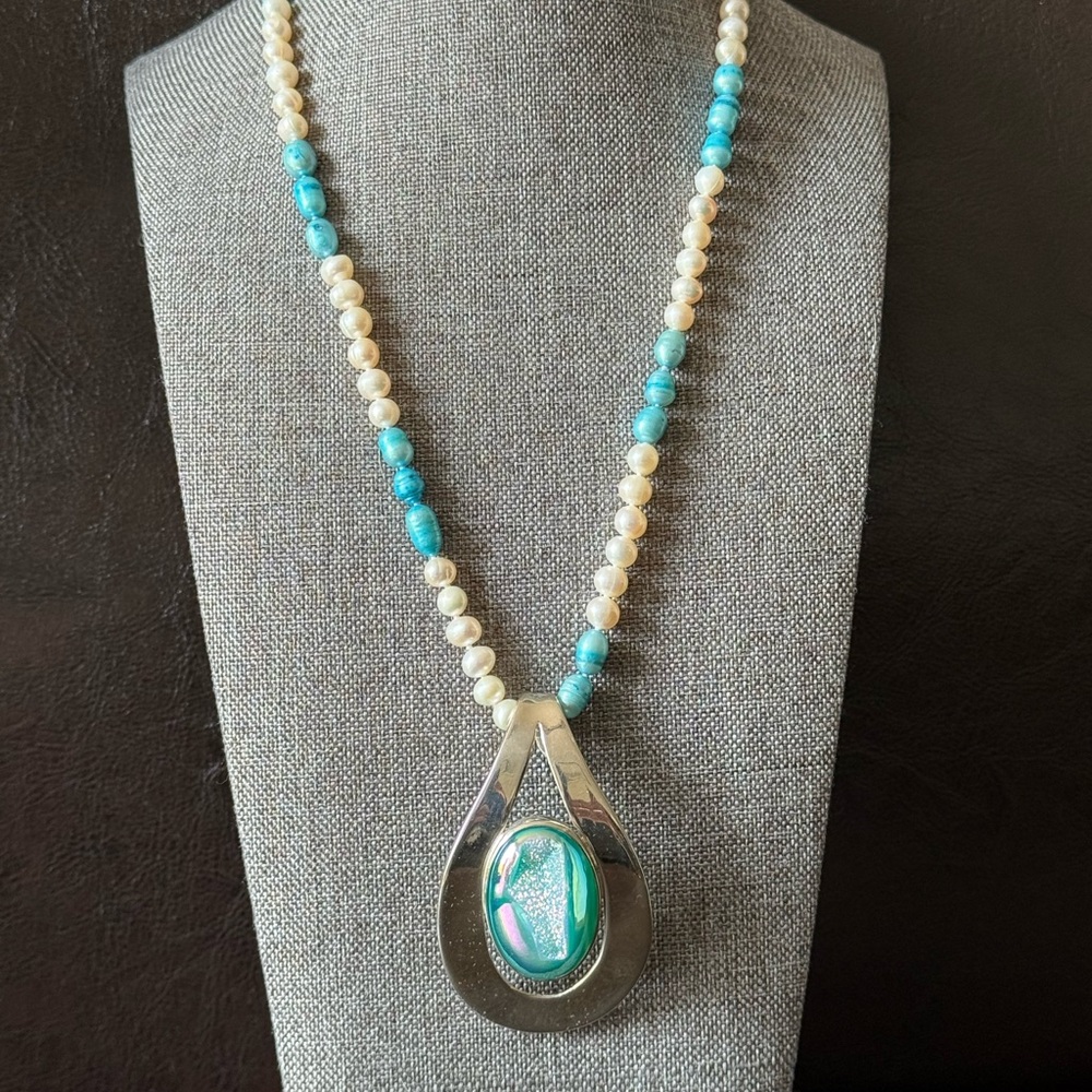 Vintage Window Druzy & Pearl Necklace, Hand Tied - Artisan Made In 925 Silver